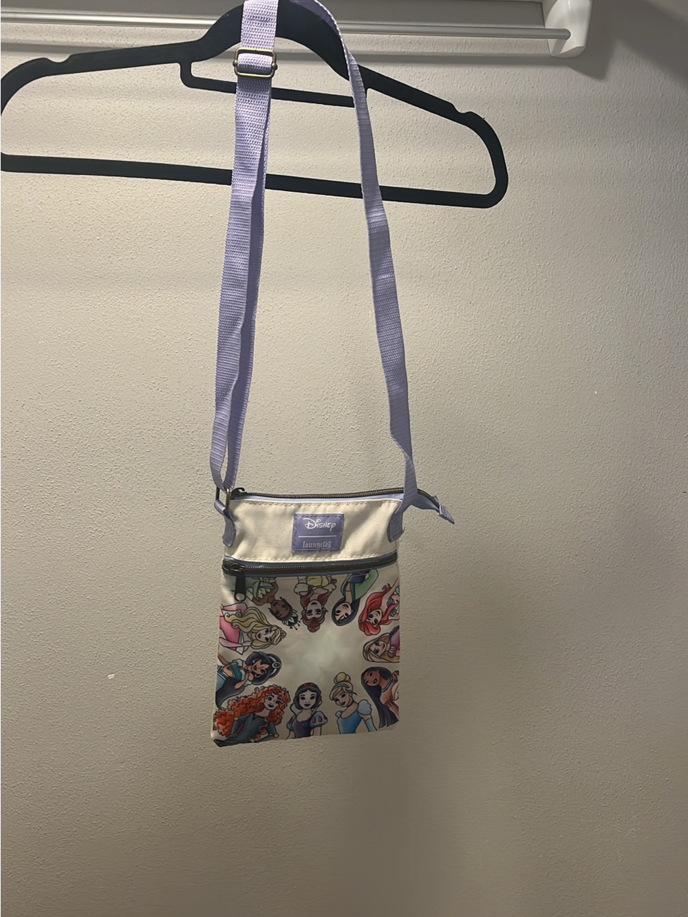 Loungefly Cream Crossbody Bag with Lavender Strap and Disney Princesses
